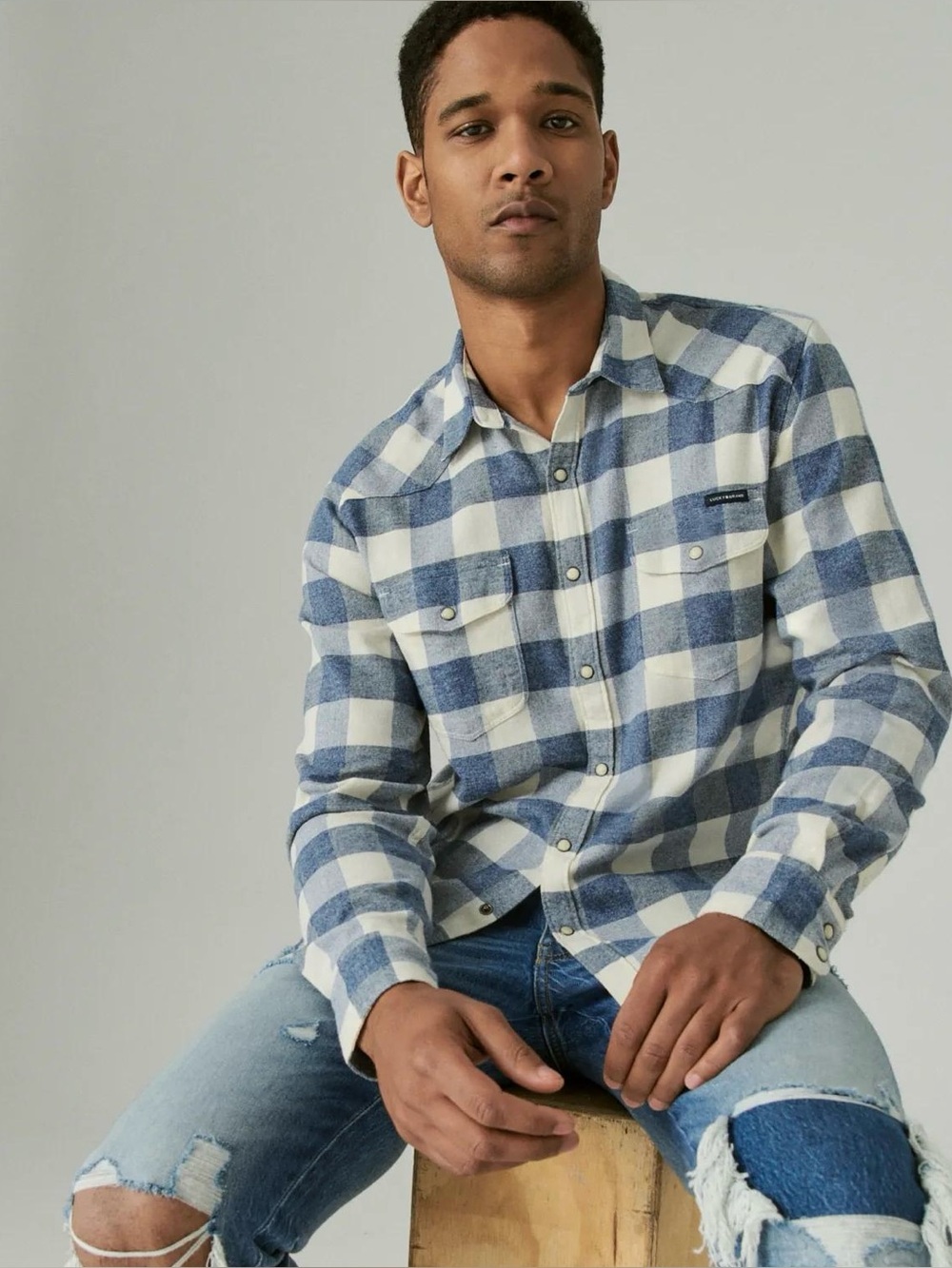 Lucky Brand Men’s Saturday Stretch Western Pearl Snap Plaid Flannel Shirt Size M
